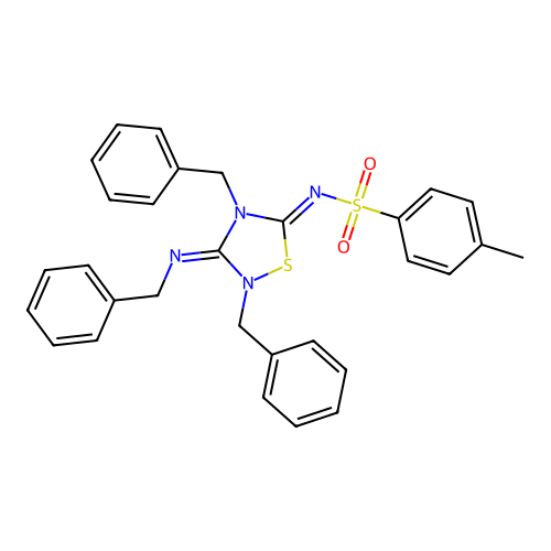 N-(2,4-dibenzyl-3-benzylimino-[1,2,4]thiadiazolidin-5-ylidene)-toluene-4-sulfonamide structure