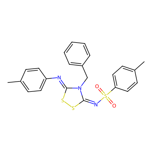 N-(4-benzyl-5-p-tolylimino-[1,2,4]dithiazolidin-3-ylidene)-toluene-4-sulfonamide structure