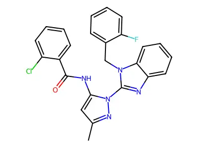2-chloro-N-[2-[1-[(2-fluorophenyl)methyl]benzimidazol-2-yl]-5-methylpyrazol-3-yl]benzamide structure