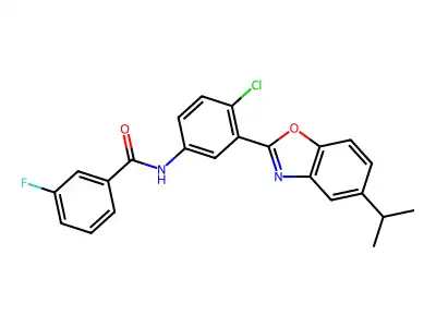 N-{4-chloro-3-[5-(propan-2-yl)-1,3-benzoxazol-2-yl]phenyl}-3-fluorobenzamide structure