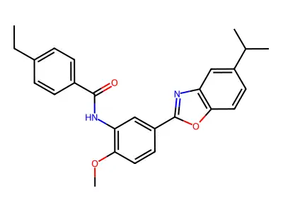 4-ethyl-N-{2-methoxy-5-[5-(propan-2-yl)-1,3-benzoxazol-2-yl]phenyl}benzamide structure