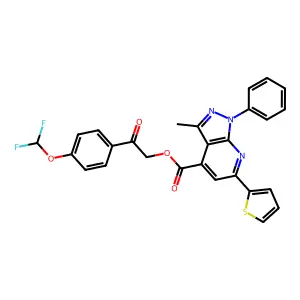 [2-[4-(difluoromethoxy)phenyl]-2-oxoethyl] 3-methyl-1-phenyl-6-thiophen-2-ylpyrazolo[3,4-b]pyridine-4-carboxylate structure