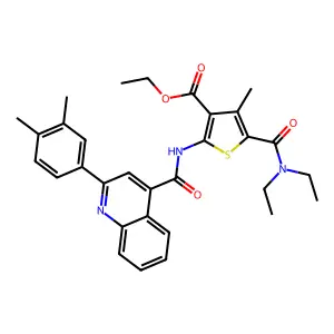 ethyl 5-(diethylcarbamoyl)-2-({[2-(3,4-dimethylphenyl)quinolin-4-yl]carbonyl}amino)-4-methylthiophene-3-carboxylate structure
