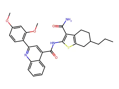 N-(3-carbamoyl-6-propyl-4,5,6,7-tetrahydro-1-benzothiophen-2-yl)-2-(2,4-dimethoxyphenyl)quinoline-4-carboxamide structure
