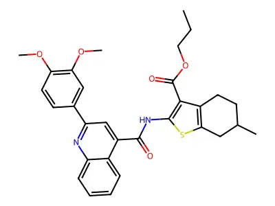 propyl 2-[[2-(3,4-dimethoxyphenyl)quinoline-4-carbonyl]amino]-6-methyl-4,5,6,7-tetrahydro-1-benzothiophene-3-carboxylate structure