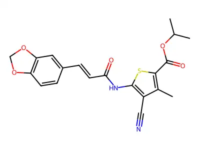 1-Methylethyl 5-[[3-(1,3-benzodioxol-5-yl)-1-oxo-2-propen-1-yl]amino]-4-cyano-3-methyl-2-thiophenecarboxylate structure