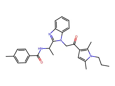 N-[1-[1-[2-(2,5-dimethyl-1-propylpyrrol-3-yl)-2-oxoethyl]benzimidazol-2-yl]ethyl]-4-methylbenzamide structure