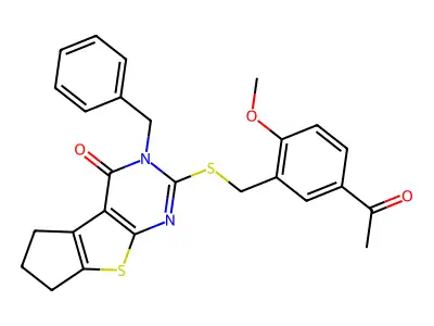 10-[(5-Acetyl-2-methoxyphenyl)methylsulfanyl]-11-benzyl-7-thia-9,11-diazatricyclo[6.4.0.02,6]dodeca-1(8),2(6),9-trien-12-one structure