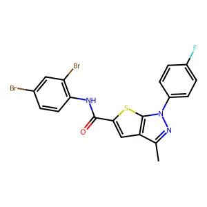 N-(2,4-dibromophenyl)-1-(4-fluorophenyl)-3-methylthieno[2,3-c]pyrazole-5-carboxamide structure