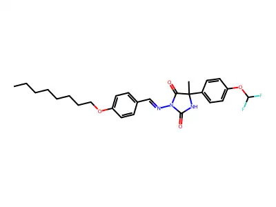 5-[4-(difluoromethoxy)phenyl]-5-methyl-3-[(4-octoxyphenyl)methylideneamino]imidazolidine-2,4-dione structure