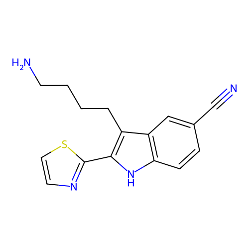 3-(4-aminobutyl)-2-(1,3-thiazol-2-yl)-1H-indole-5-carbonitrile structure