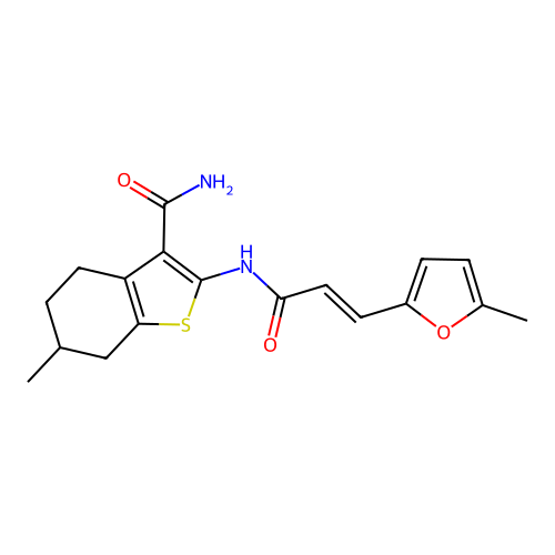 6-methyl-2-[[(E)-3-(5-methylfuran-2-yl)prop-2-enoyl]amino]-4,5,6,7-tetrahydro-1-benzothiophene-3-carboxamide structure