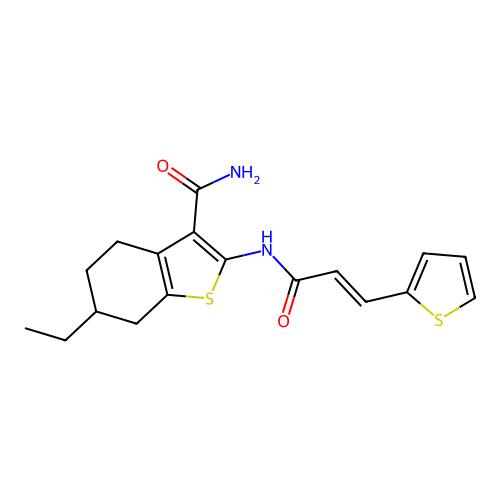 6-ethyl-2-[[(E)-3-thiophen-2-ylprop-2-enoyl]amino]-4,5,6,7-tetrahydro-1-benzothiophene-3-carboxamide structure