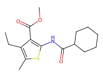 Methyl 2-(cyclohexanecarbonylamino)-4-ethyl-5-methylthiophene-3-carboxylate structure