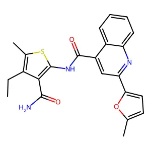 N-(3-carbamoyl-4-ethyl-5-methylthiophen-2-yl)-2-(5-methylfuran-2-yl)quinoline-4-carboxamide structure