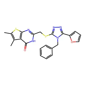 2-[[4-benzyl-5-(furan-2-yl)-1,2,4-triazol-3-yl]sulfanylmethyl]-5,6-dimethyl-3H-thieno[2,3-d]pyrimidin-4-one structure