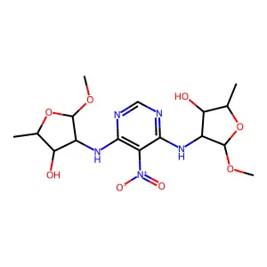4-[[6-[(4-hydroxy-2-methoxy-5-methyloxolan-3-yl)amino]-5-nitropyrimidin-4-yl]amino]-5-methoxy-2-methyloxolan-3-ol structure