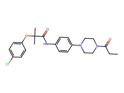 2-(4-chlorophenoxy)-2-methyl-N-[4-(4-propanoylpiperazin-1-yl)phenyl]propanamide structure