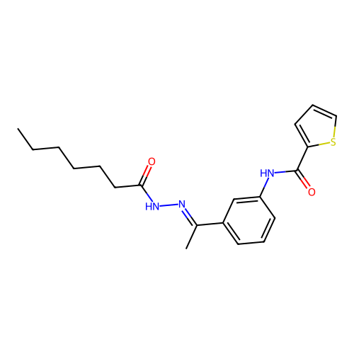 N-[3-[N-(heptanoylamino)-C-methyl-carbonimidoyl]phenyl]thiophene-2-carboxamide structure