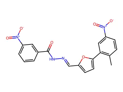 N-[[5-(2-methyl-5-nitrophenyl)furan-2-yl]methylideneamino]-3-nitrobenzamide structure