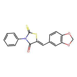 5-Benzo[1,3]dioxol-5-ylmethylene-3-phenyl-2-thioxo-thiazolidin-4-one structure