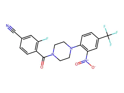 3-fluoro-4-[4-[2-nitro-4-(trifluoromethyl)phenyl]piperazine-1-carbonyl]benzonitrile structure