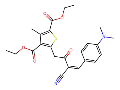 diethyl 5-[3-cyano-4-(4-dimethylaminophenyl)-2-oxobut-3-enyl]-3-methylthiophene-2,4-dicarboxylate structure