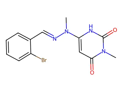 6-[[(2-bromophenyl)methylideneamino]-methylamino]-3-methyl-1H-pyrimidine-2,4-dione structure