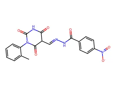 N-[[1-(2-methylphenyl)-2,4,6-trioxo-1,3-diazinan-5-yl]methylideneamino]-4-nitro-benzamide structure