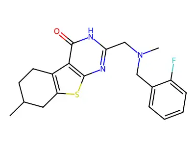 2-[[(2-fluorophenyl)methyl-methylamino]methyl]-7-methyl-5,6,7,8-tetrahydro-3H-[1]benzothiolo[2,3-d]pyrimidin-4-one structure