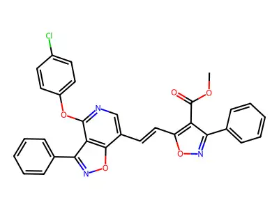 methyl 5-[2-[4-(4-chlorophenoxy)-3-phenyl-[1,2]oxazolo[4,5-c]pyridin-7-yl]ethenyl]-3-phenyl-1,2-oxazole-4-carboxylate structure