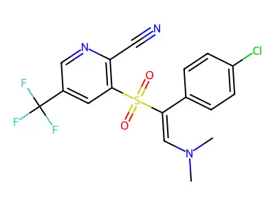 3-[1-(4-chlorophenyl)-2-(dimethylamino)ethenesulfonyl]-5-(trifluoromethyl)pyridine-2-carbonitrile structure