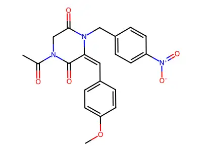 1-acetyl-3-[(4-methoxyphenyl)methylidene]-4-[(4-nitrophenyl)methyl]piperazine-2,5-dione structure