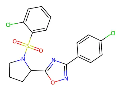 3-(4-chlorophenyl)-5-{1-[(2-chlorophenyl)sulfonyl]-2-pyrrolidinyl}-1,2,4-oxadiazole structure