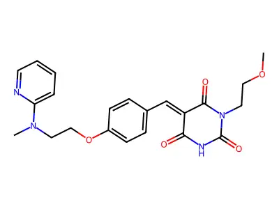 1-(2-methoxyethyl)-5-[(E)-(4-{2-[methyl(2-pyridinyl)amino]ethoxy}phenyl)methylidene]-2,4,6(1H,3H,5H)-pyrimidinetrione structure
