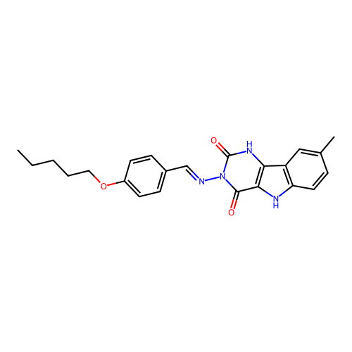 (E)-8-methyl-3-((4-(pentyloxy)benzylidene)amino)-1H-pyrimido[5,4-b]indole-2,4(3H,5H)-dione structure