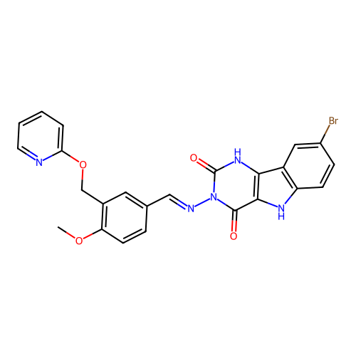 (E)-8-bromo-3-((4-methoxy-3-((pyridin-2-yloxy)methyl)benzylidene)amino)-1H-pyrimido[5,4-b]indole-2,4(3H,5H)-dione structure