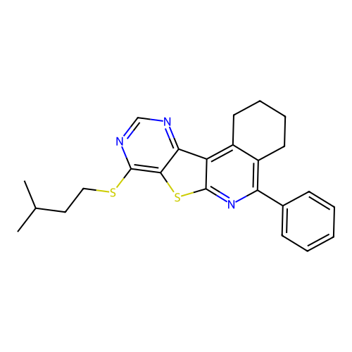 8-(isopentylthio)-5-phenyl-1,2,3,4-tetrahydropyrimido[4',5':4,5]thieno[2,3-c]isoquinoline structure