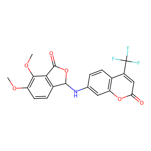 7-[(4,5-dimethoxy-3-oxo-1H-2-benzofuran-1-yl)amino]-4-(trifluoromethyl)chromen-2-one structure