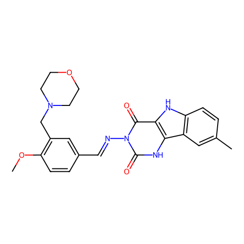 (E)-3-((4-methoxy-3-(morpholinomethyl)benzylidene)amino)-8-methyl-1H-pyrimido[5,4-b]indole-2,4(3H,5H)-dione structure
