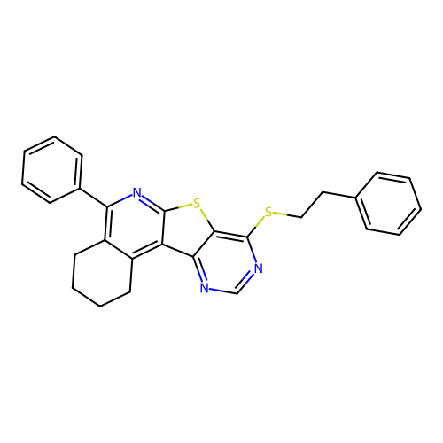 5-phenyl-8-[(2-phenylethyl)sulfanyl]-1,2,3,4-tetrahydropyrimido[4',5':4,5]thieno[2,3-c]isoquinoline structure