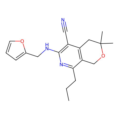 6-((furan-2-ylmethyl)amino)-3,3-dimethyl-8-propyl-3,4-dihydro-1H-pyrano[3,4-c]pyridine-5-carbonitrile structure