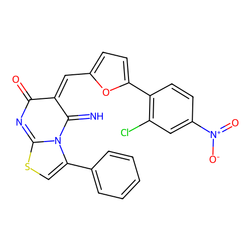 (6E)-6-[[5-(2-chloro-4-nitrophenyl)furan-2-yl]methylidene]-5-imino-3-phenyl-[1,3]thiazolo[3,2-a]pyrimidin-7-one structure