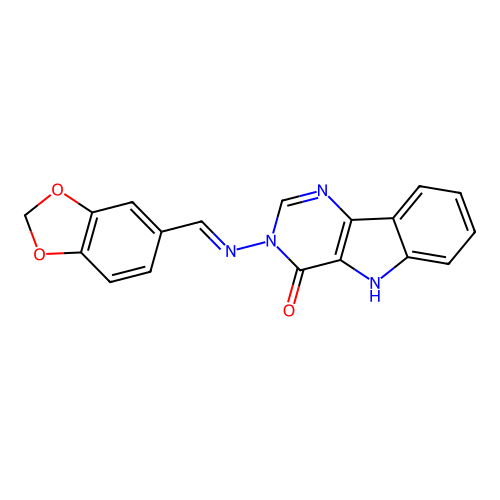 (E)-3-((benzo[d][1,3]dioxol-5-ylmethylene)amino)-3H-pyrimido[5,4-b]indol-4(5H)-one structure