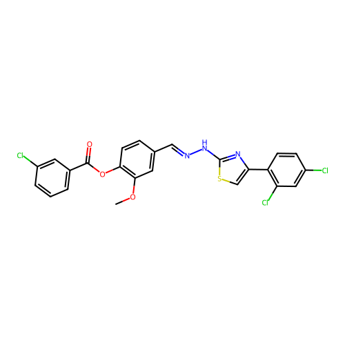 (E)-4-((2-(4-(2,4-dichlorophenyl)thiazol-2-yl)hydrazono)methyl)-2-methoxyphenyl 3-chlorobenzoate structure