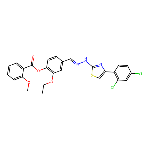 (E)-4-((2-(4-(2,4-dichlorophenyl)thiazol-2-yl)hydrazono)methyl)-2-ethoxyphenyl 2-methoxybenzoate structure
