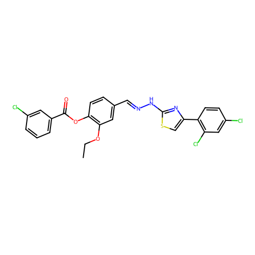(E)-4-((2-(4-(2,4-dichlorophenyl)thiazol-2-yl)hydrazono)methyl)-2-ethoxyphenyl 3-chlorobenzoate structure