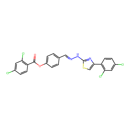 (E)-4-((2-(4-(2,4-dichlorophenyl)thiazol-2-yl)hydrazono)methyl)phenyl 2,4-dichlorobenzoate structure