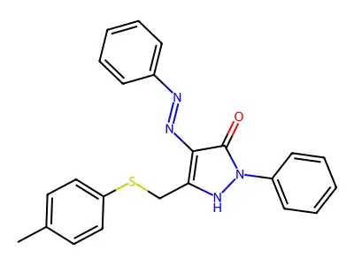 2-Phenyl-4-(phenyl-hydrazono)-5-p-tolylsulfanylmethyl-2,4-dihydro-pyrazol-3-one structure