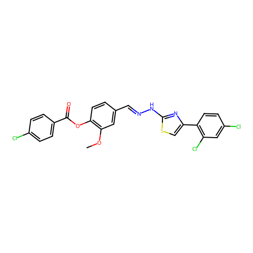 (E)-4-((2-(4-(2,4-dichlorophenyl)thiazol-2-yl)hydrazono)methyl)-2-methoxyphenyl 4-chlorobenzoate structure